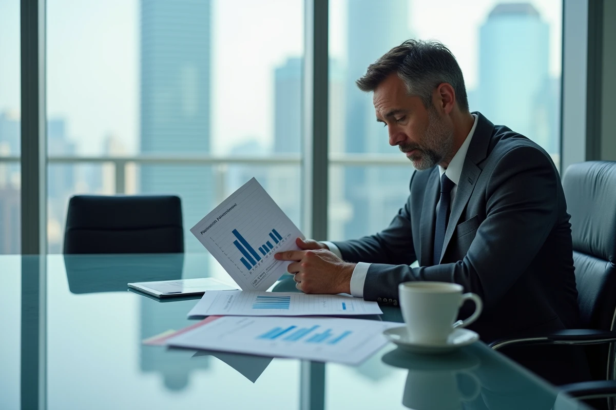 Homme d'affaires analysant des rapports de performance insuffisants d'un abonnement B2B en salle de réunion d'entreprise