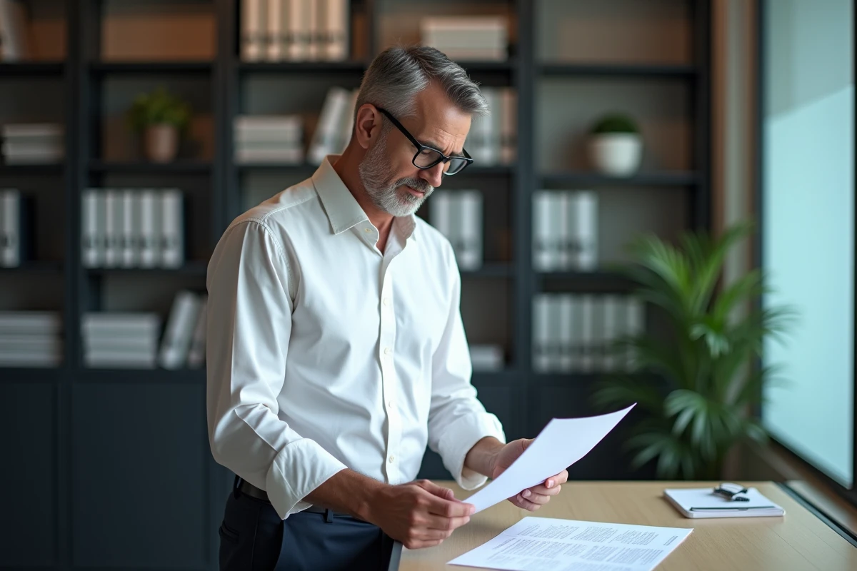 Homme d'affaires relisant une lettre professionnelle avec formule de politesse adaptée