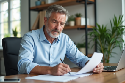 Homme d'affaires signant des documents dans un bureau moderne