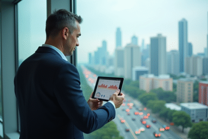 Homme d'affaires regardant un graphique de vente en ville