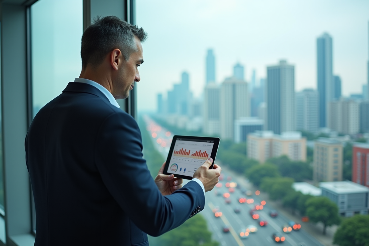 Homme d'affaires regardant un graphique de vente en ville