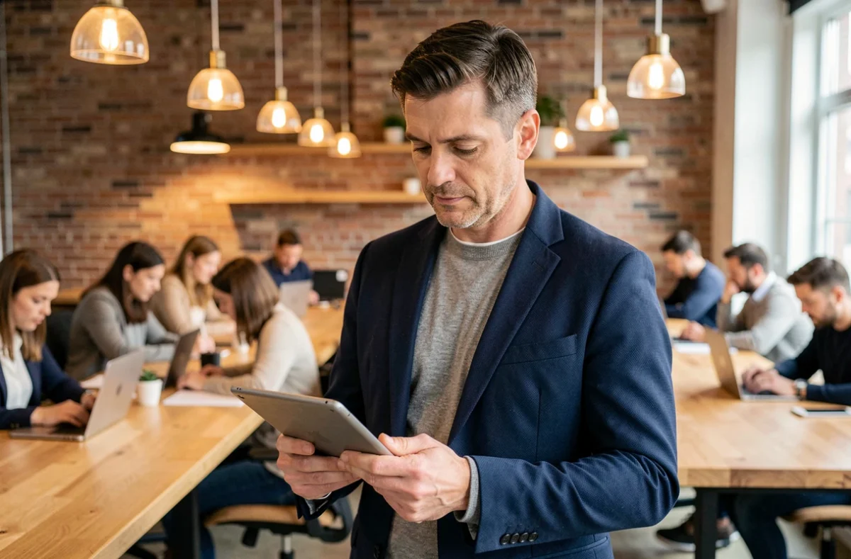 Homme recherchant une société de portage salarial via un annuaire professionnel dans un espace de coworking
