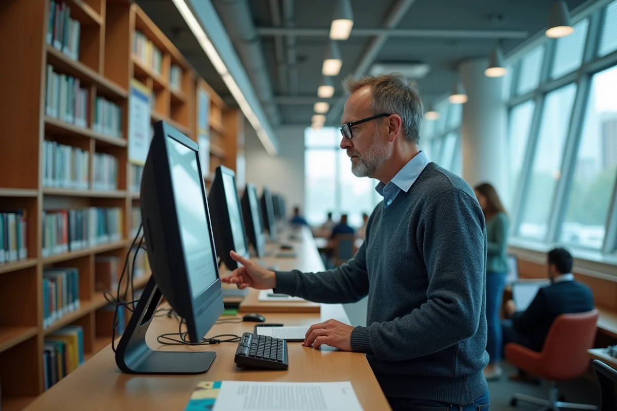 Homme remplissant un formulaire en bibliothèque publique