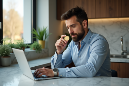Homme d'affaires examine un Bitcoin près de son visage