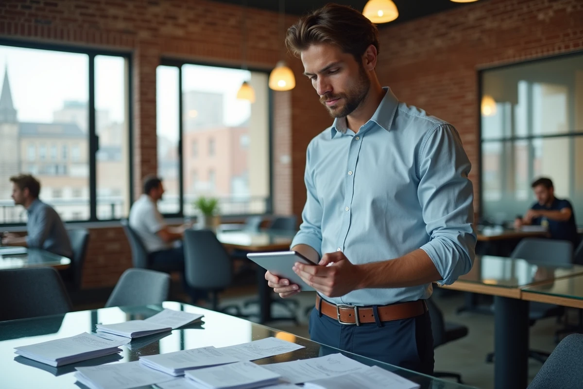 Jeune homme utilisant une tablette dans un espace coworking