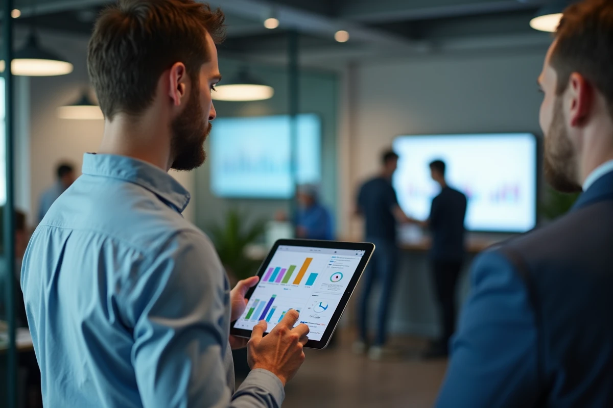 Homme en coworking analysant des données sur une tablette