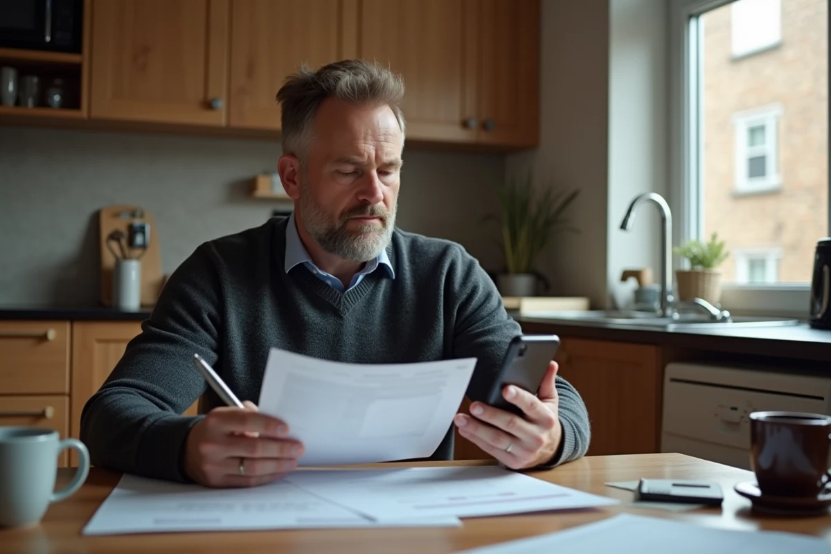 Homme détendu vérifiant un paiement à la maison