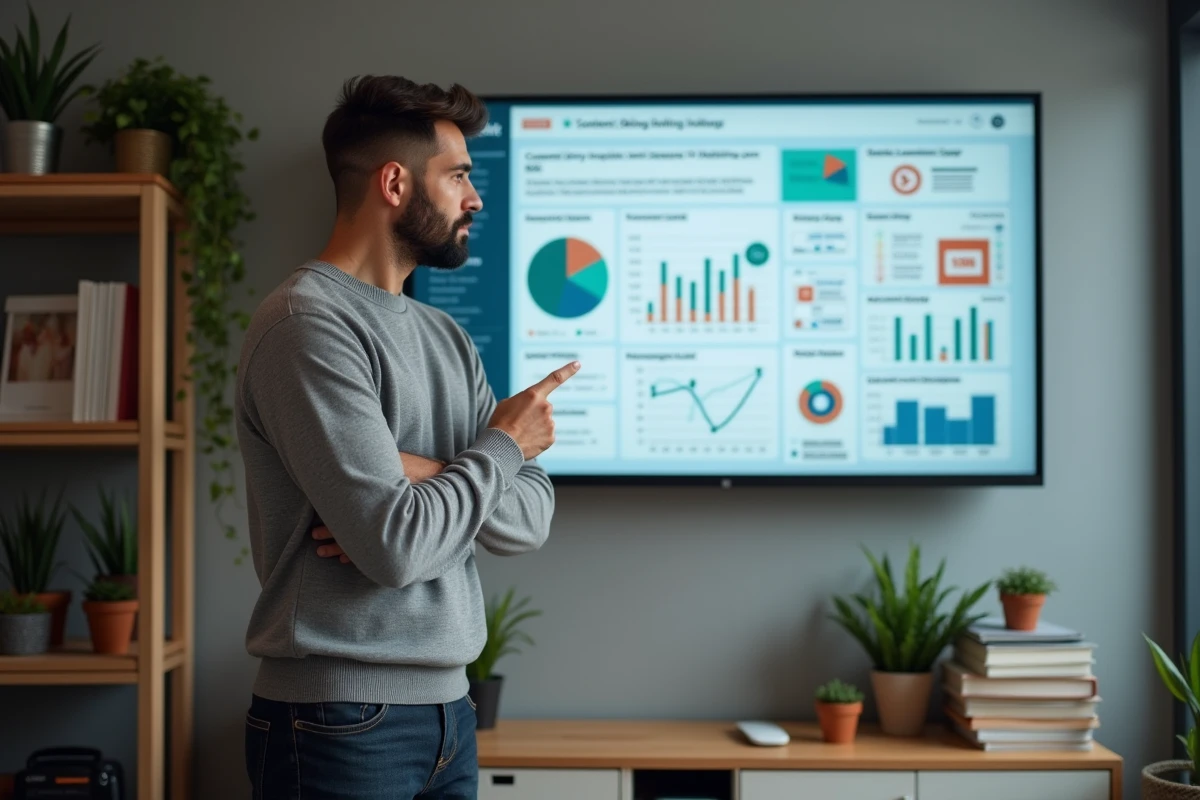 Homme en pull gris consultant un tableau de bord de curation de contenu et de veille marketing sur grand écran dans un bureau à domicile