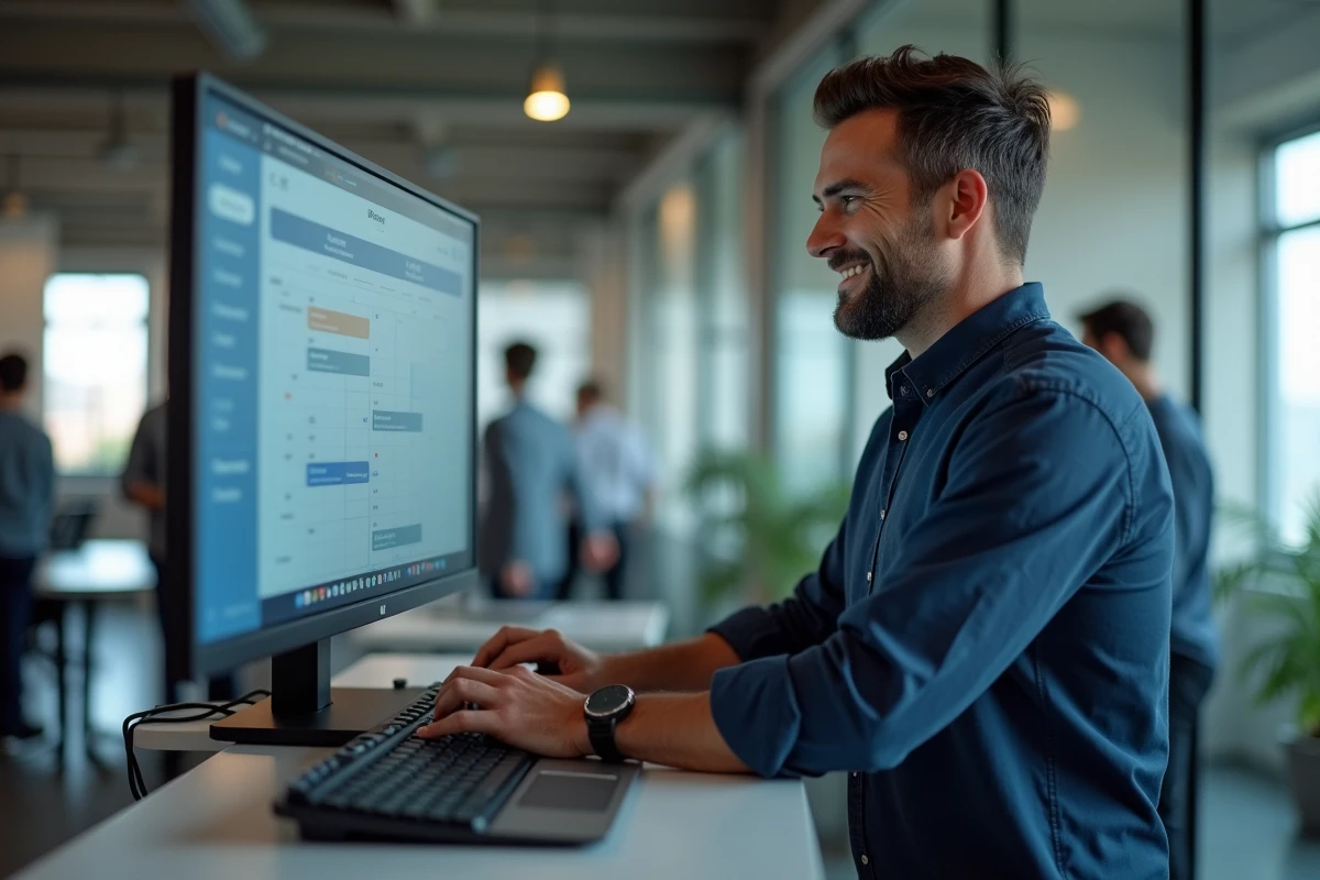 Homme debout configurant un logiciel de planification d'agenda sur grand écran dans un bureau en open space pour optimiser sa productivité