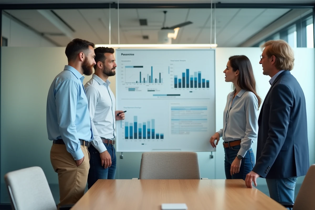 Homme en casual discutant avec collègues devant un tableau