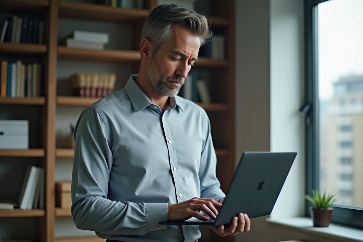 Homme consultant ses documents d'emploi et bulletins de paie numériques sur un ordinateur portable à son domicile