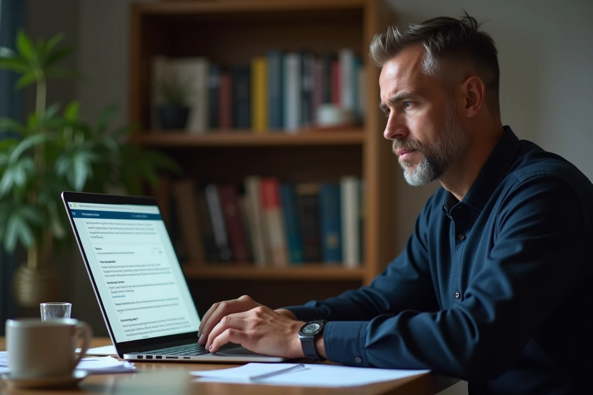 Homme rédigeant un email professionnel pour rattraper une absence au travail