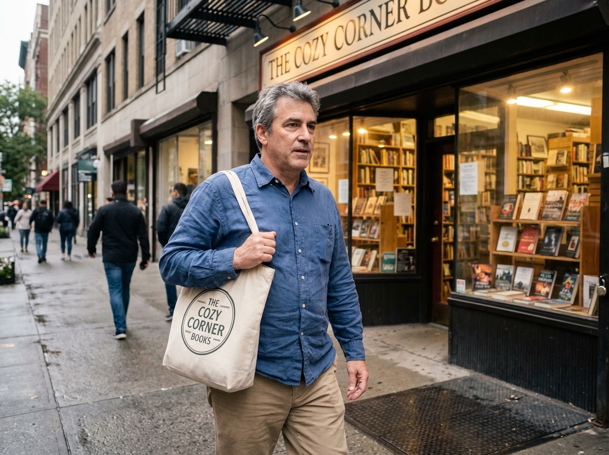 Homme avec sac en marchant devant une librairie urbaine