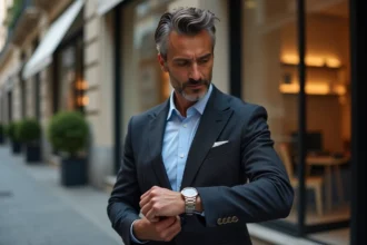 Homme élégant regardant sa montre en ville sophistiquée
