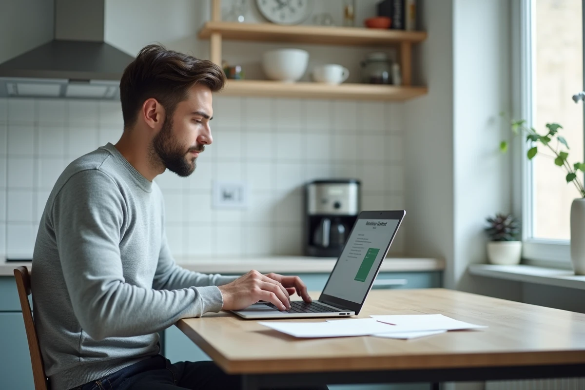 Homme utilisant un modèle de lettre recommandée gratuit en ligne sur son ordinateur portable dans une cuisine moderne