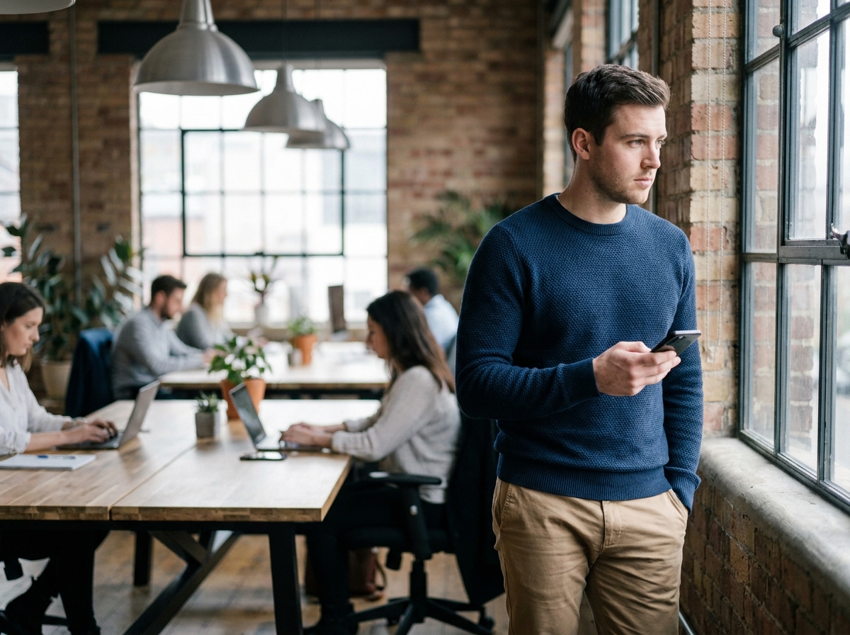 Homme parcourant une offre d'emploi sur smartphone dans un espace de coworking contemporain