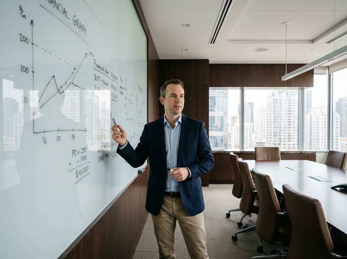 Homme en réunion expliquant des graphiques sur un tableau blanc