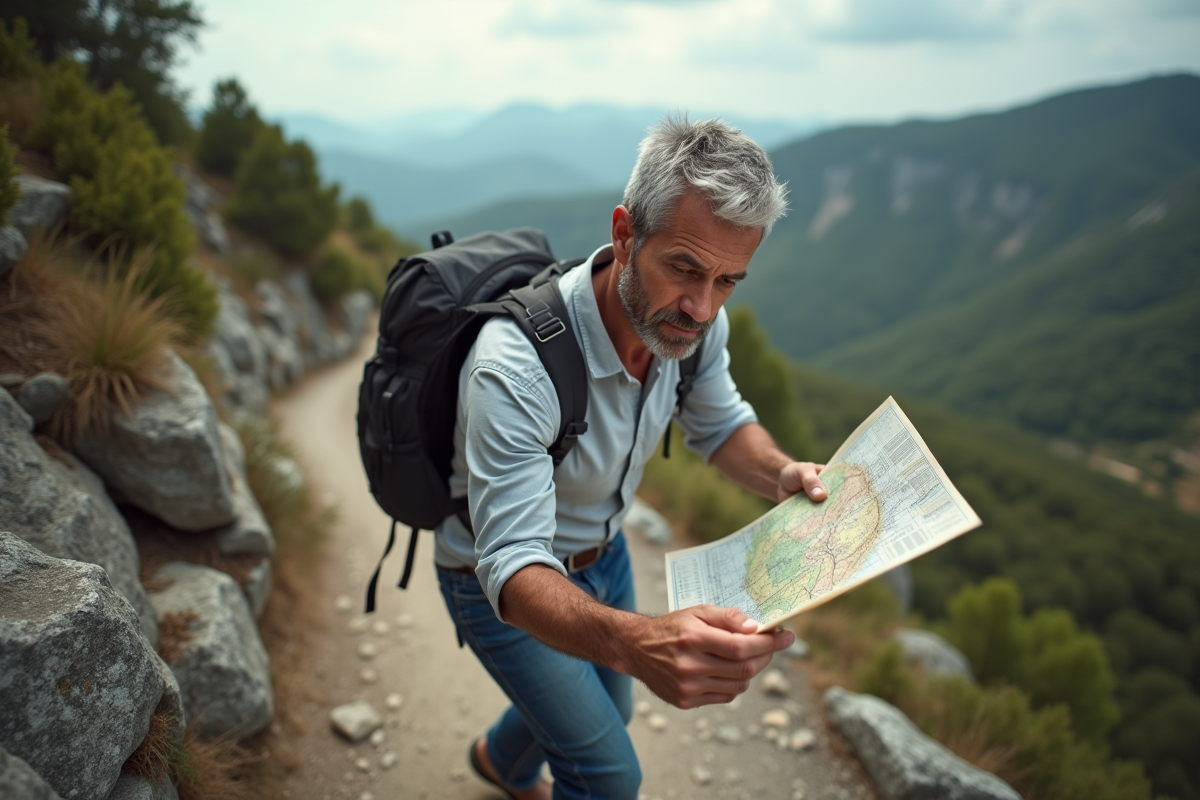 Homme en randonnée regardant une carte en pleine nature