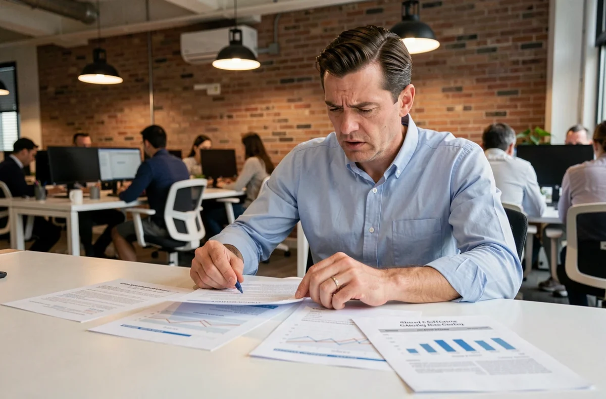 Homme analysant des rapports de performance d'affiliation imprimés dans un espace de coworking, illustrant les erreurs courantes de suivi des commissions