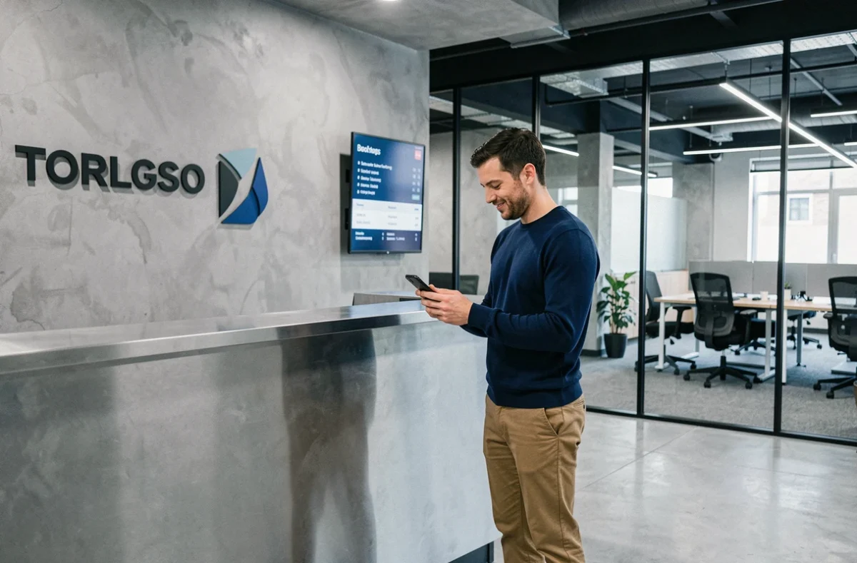 Homme réservant un bureau de coworking en ligne depuis son smartphone à l'accueil d'un espace moderne