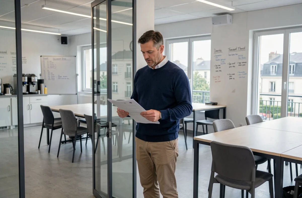 Homme consultant des documents devant une salle de réunion dans un espace de coworking à Vaulx-en-Velin