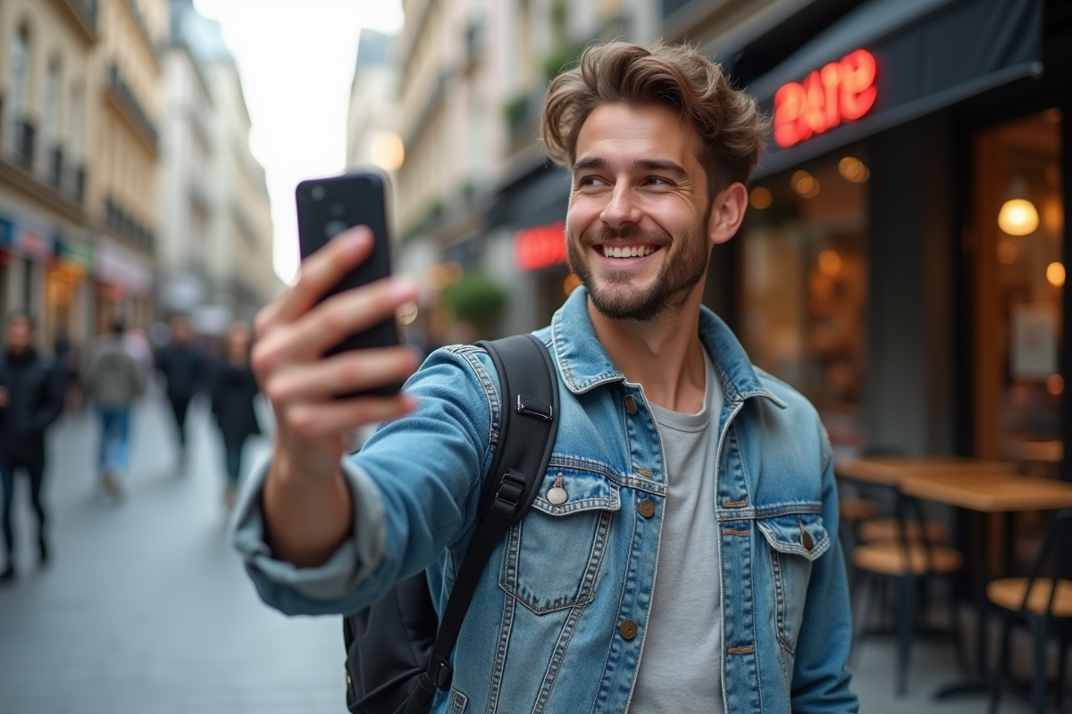 Jeune homme prenant un selfie dans une rue urbaine animée