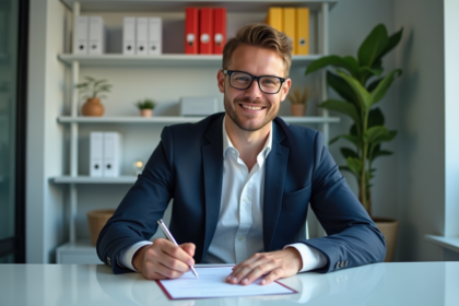 Homme d affaires signant un contrat dans un bureau moderne