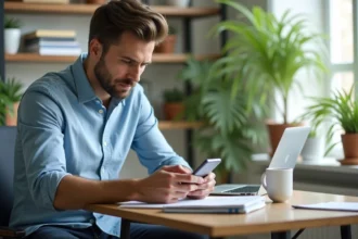 Homme concentré utilisant son smartphone dans un bureau lumineux