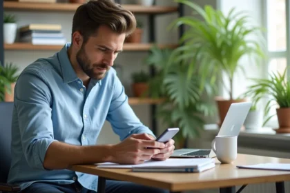 Homme concentré utilisant son smartphone dans un bureau lumineux