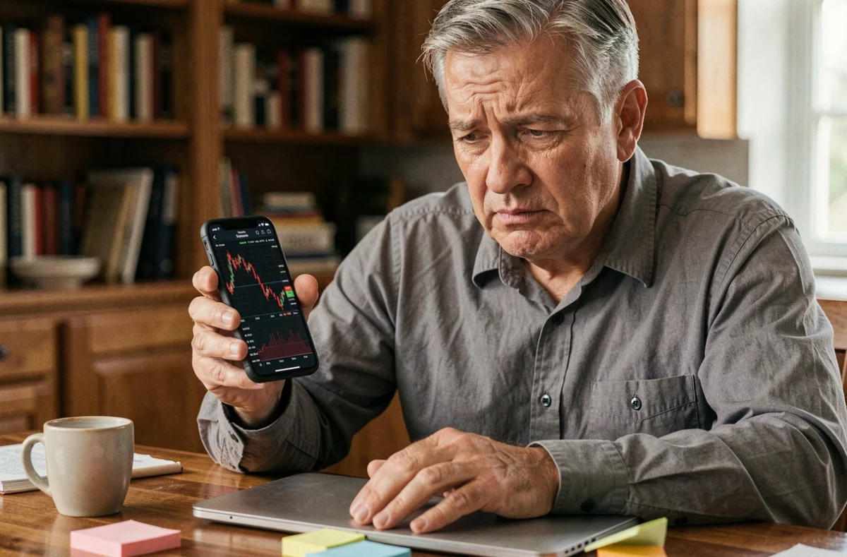 Homme stressé à domicile regardant un graphique boursier en baisse sur son smartphone avec des notes éparpillées