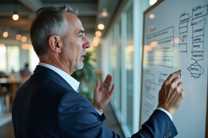 Homme d'affaires en costume bleu parlant devant un tableau blanc