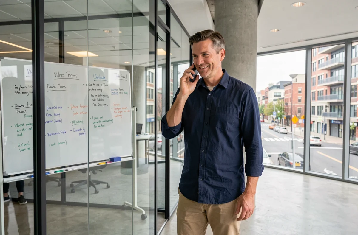 Homme en conversation téléphonique dans un espace de coworking moderne à Nogent-sur-Marne