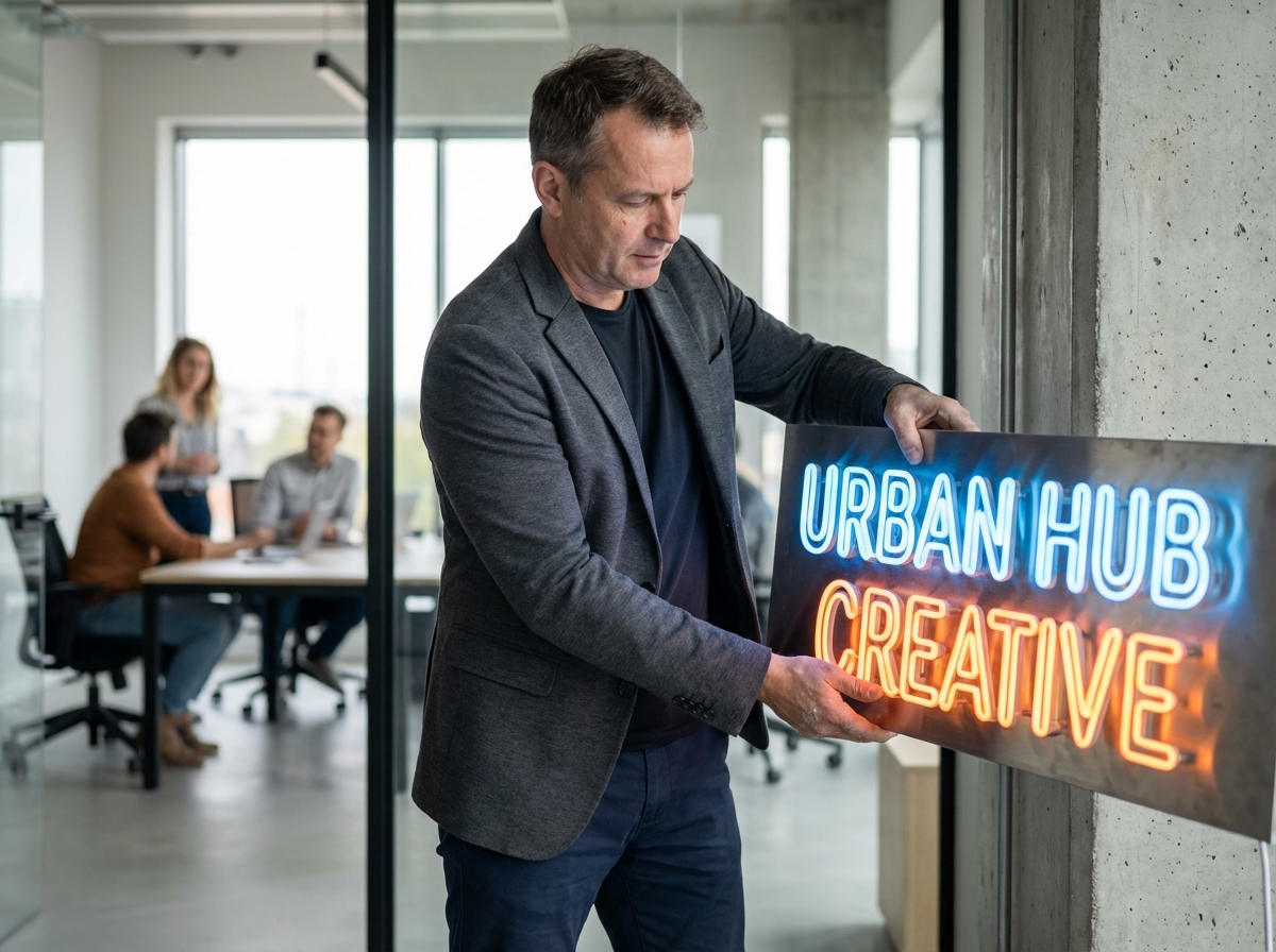 Homme en tenue smartcasual installant un neon dans un bureau moderne