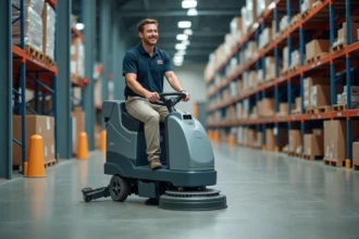 Homme souriant en polo et pantalon de travail sur une balayeuse moderne en entrepôt
