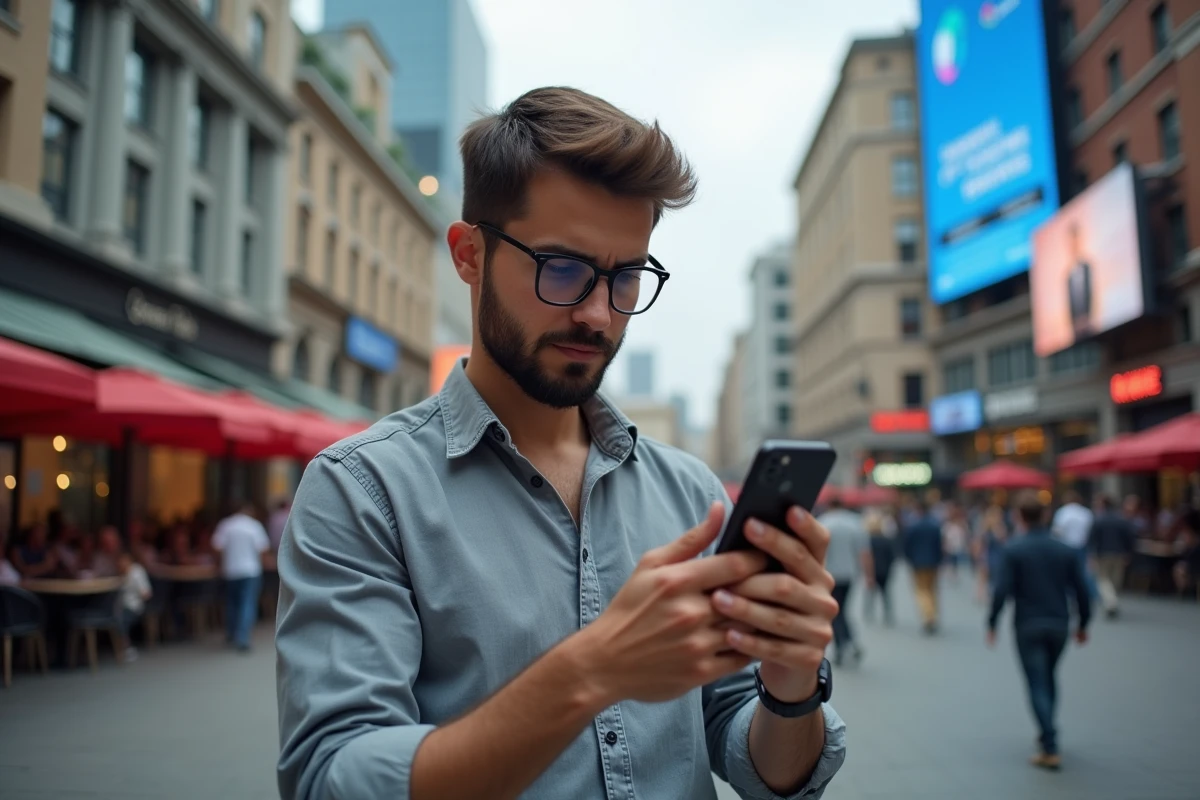 Jeune homme en ville comparant des actualités sur son smartphone