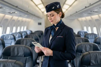 Hôtesse de l'air Air France en uniforme bleu marine dans l'allée d'un avion, illustrant le métier et les conditions de travail liées au salaire