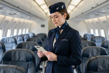 Hôtesse de l'air Air France en uniforme bleu marine dans l'allée d'un avion, illustrant le métier et les conditions de travail liées au salaire