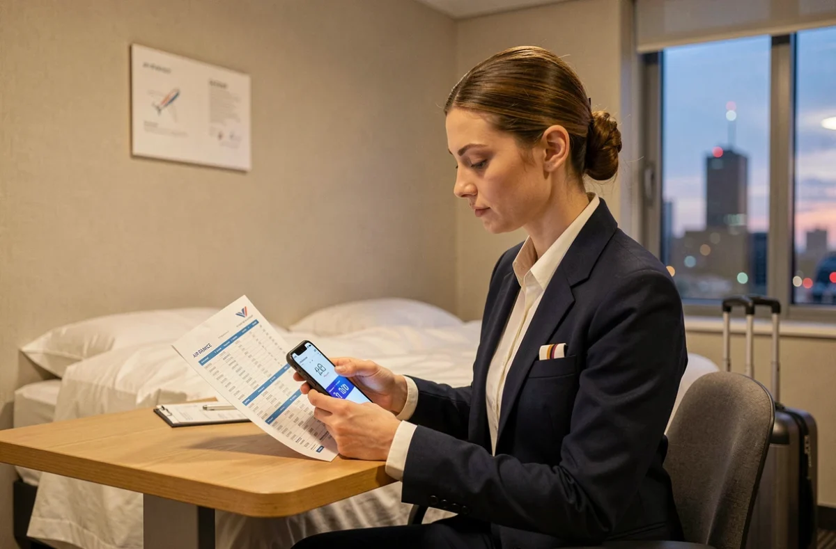 Hôtesse de l'air en déplacement à l'étranger dans une chambre d'hôtel, consultant son planning de vols et ses heures de travail pour calculer son salaire
