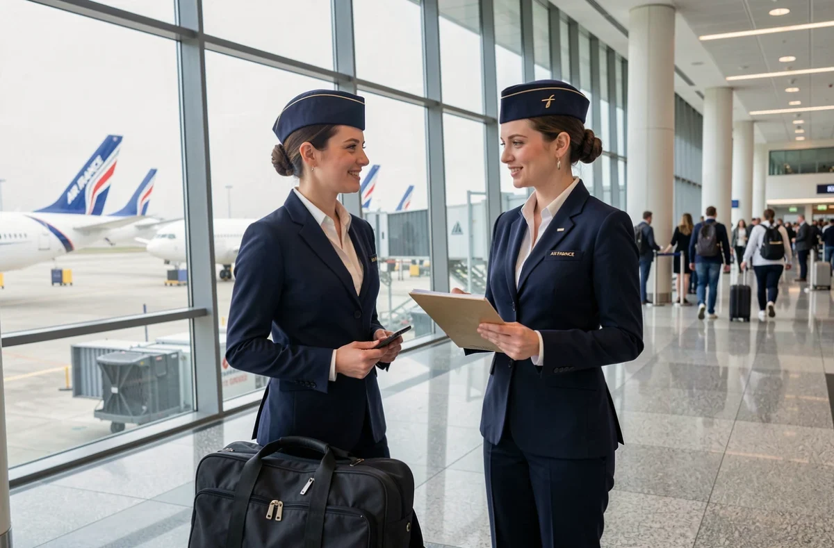 Deux hôtesses de l'air Air France en uniforme discutant dans un terminal d'aéroport international avant un vol long-courrier