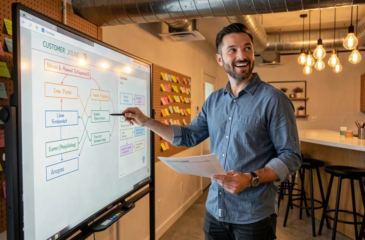 Consultant en innovation de l'agence Impulse Lab cartographiant le parcours utilisateur d'un produit digital dans un lab parisien