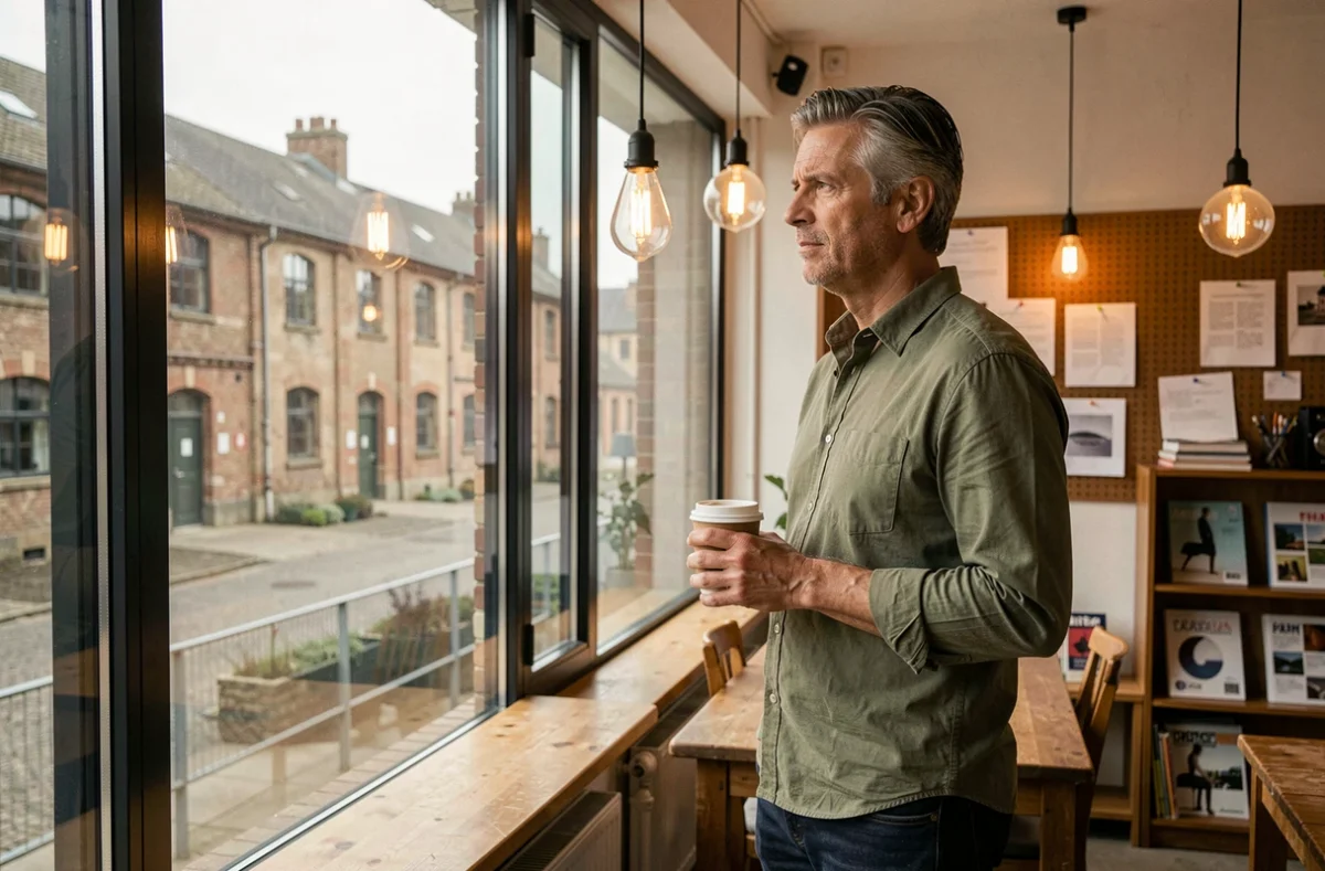 Travailleur indépendant contemplant le paysage urbain de Lens depuis une fenêtre d'un espace de coworking