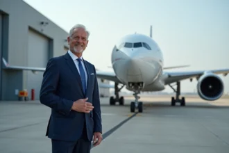 Ingénieur aéronautique devant un Airbus A330 neuf