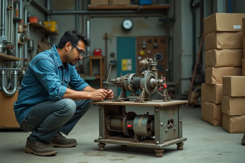 Ingénieur bricolant une machine industrielle reconvertie dans un atelier de fabrication modeste, illustrant le concept de Jugaad et l'optimisation avec des moyens limités