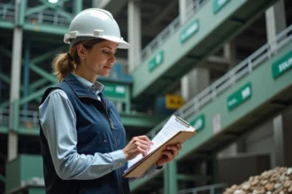 Ingénieure d'un pôle éco-industrie inspectant des documents dans une usine de recyclage moderne avec convoyeurs et matériaux triés en arrière-plan