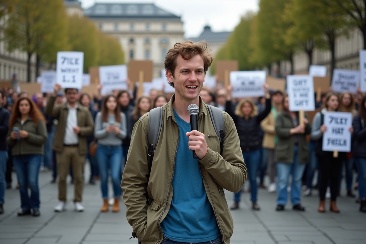 Jeune activiste parlant dans une manifestation pour le climat en ville