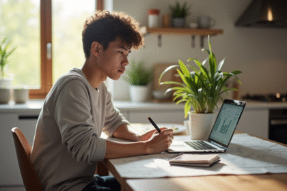 Jeune adulte planifiant ses finances dans une cuisine lumineuse