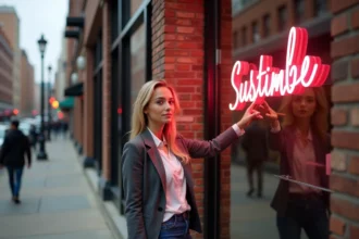Jeune femme souriante ajustant un néon dans une boutique tendance