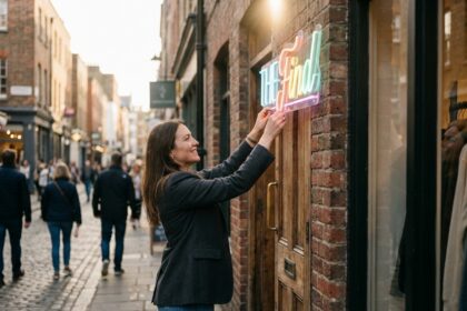Jeune femme souriante ajustant un néon dans une boutique tendance