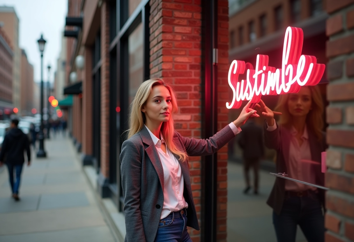 Jeune femme souriante ajustant un néon dans une boutique tendance