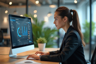 Jeune femme professionnelle collabore avec une assistante digitale